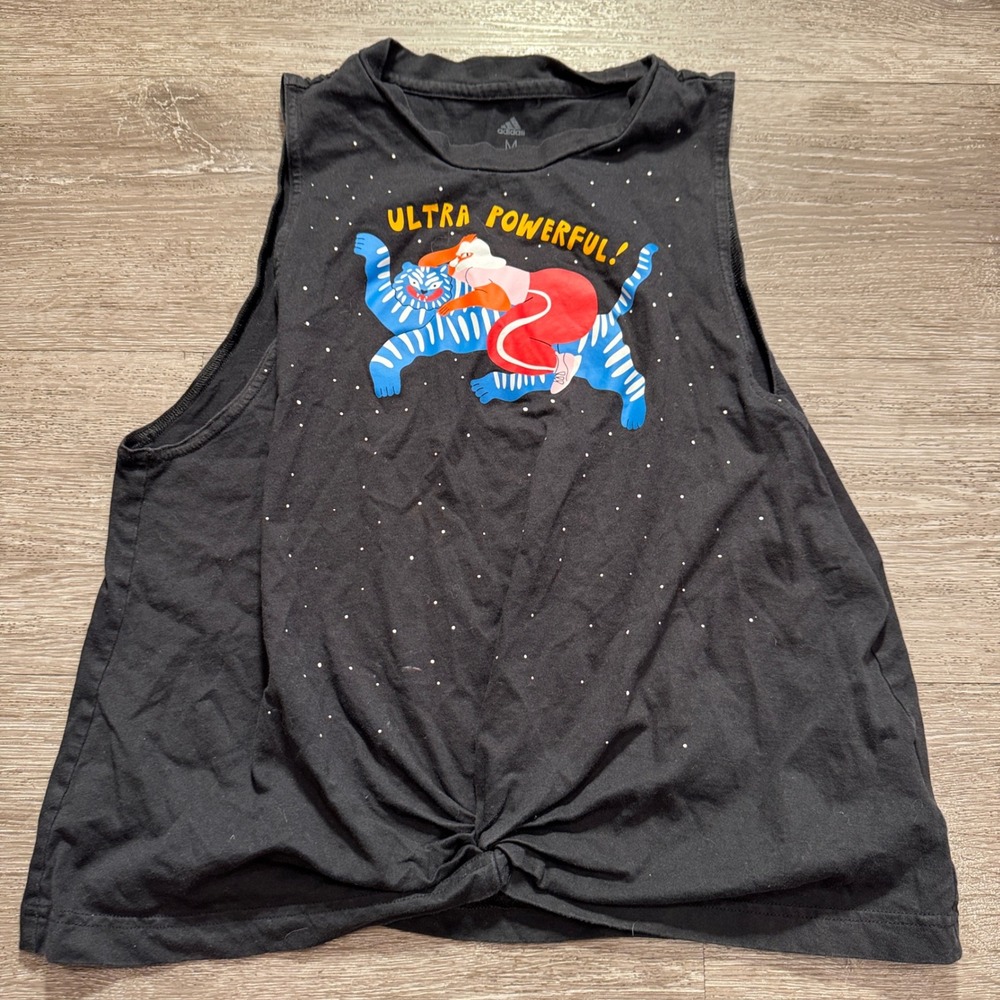 Adidas Graphic Tank Top Women M Black Cotton Ultra Powerful Tiger Knot Front Tee